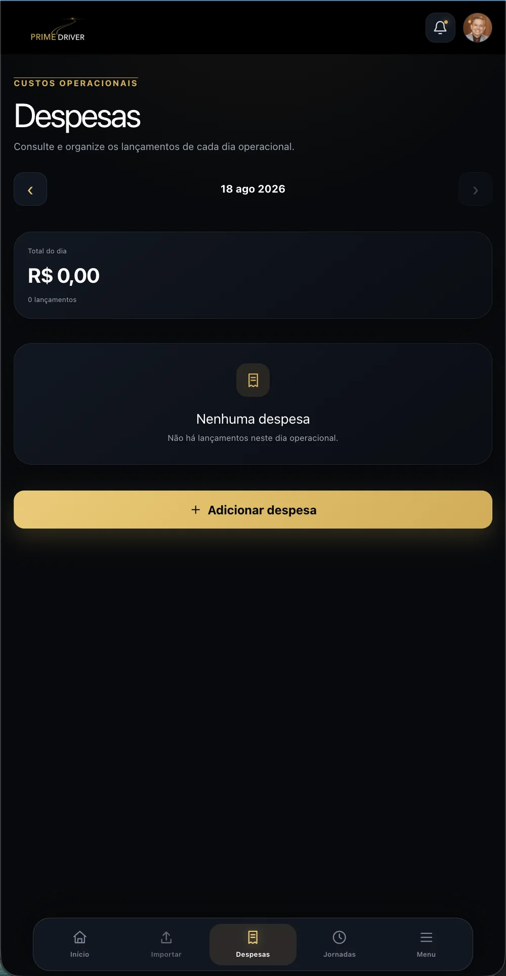 Tela de despesas operacionais do PrimeDriver Analytics