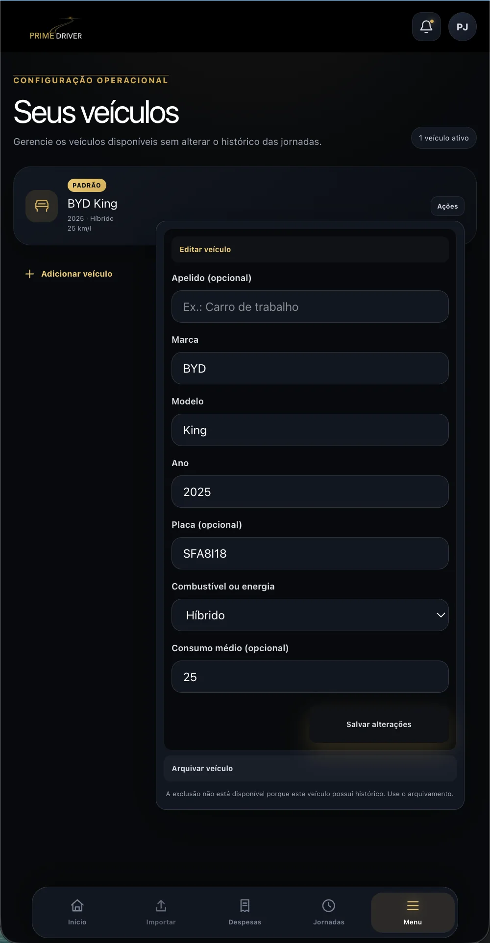 Tela de veículos do PrimeDriver Analytics
