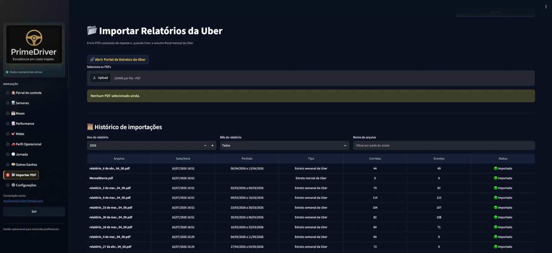 Tela de importação de relatórios da Uber